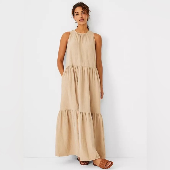 Ann Taylor Dresses & Skirts - Ann Taylor Tan High Neck Gauze Tiered Pocket Maxi 100% Cotton Dress Size XS